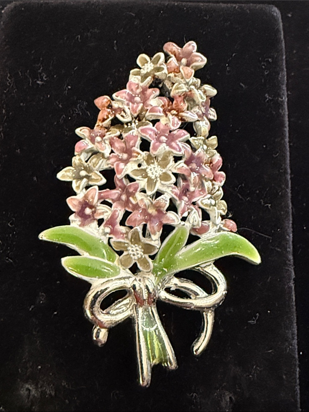 Vintage Purple and Green Enamel flower bouquet silver tone brooch pin